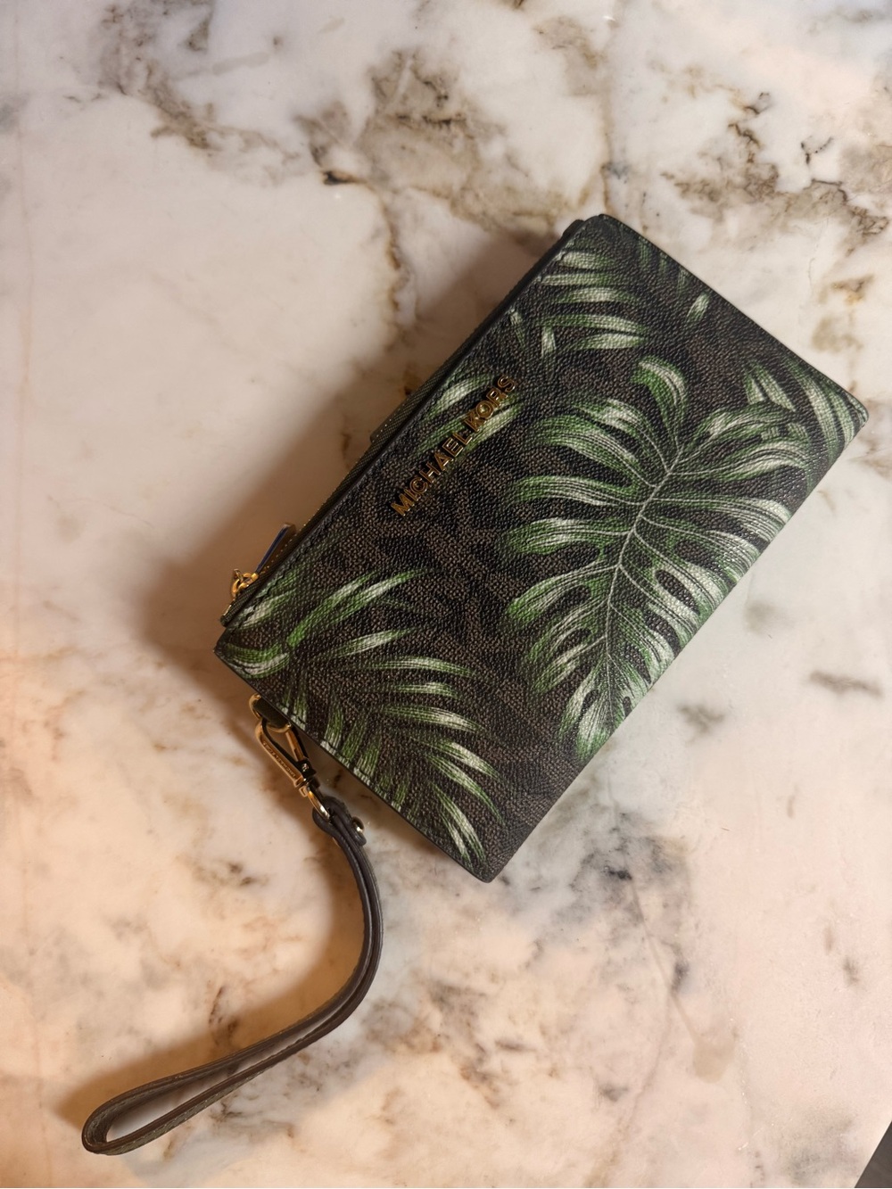 Michael Kors Black Wristlet with Green Palm Print